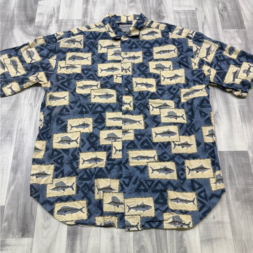 Mens XXL Bimini Bay Fish Print Short-Sleeve Button-Up Hawaiian Print Shirt STAIN